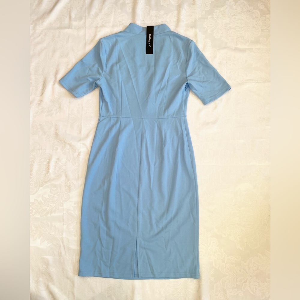 Allegra K Formal Pencil V Neck Short Sleeve Office Bodycon Sheath Dress, blue - Picture 7 of 9